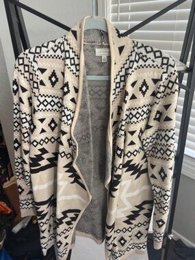 Lucky Brand Beige & Black Aztec Open Cardigan